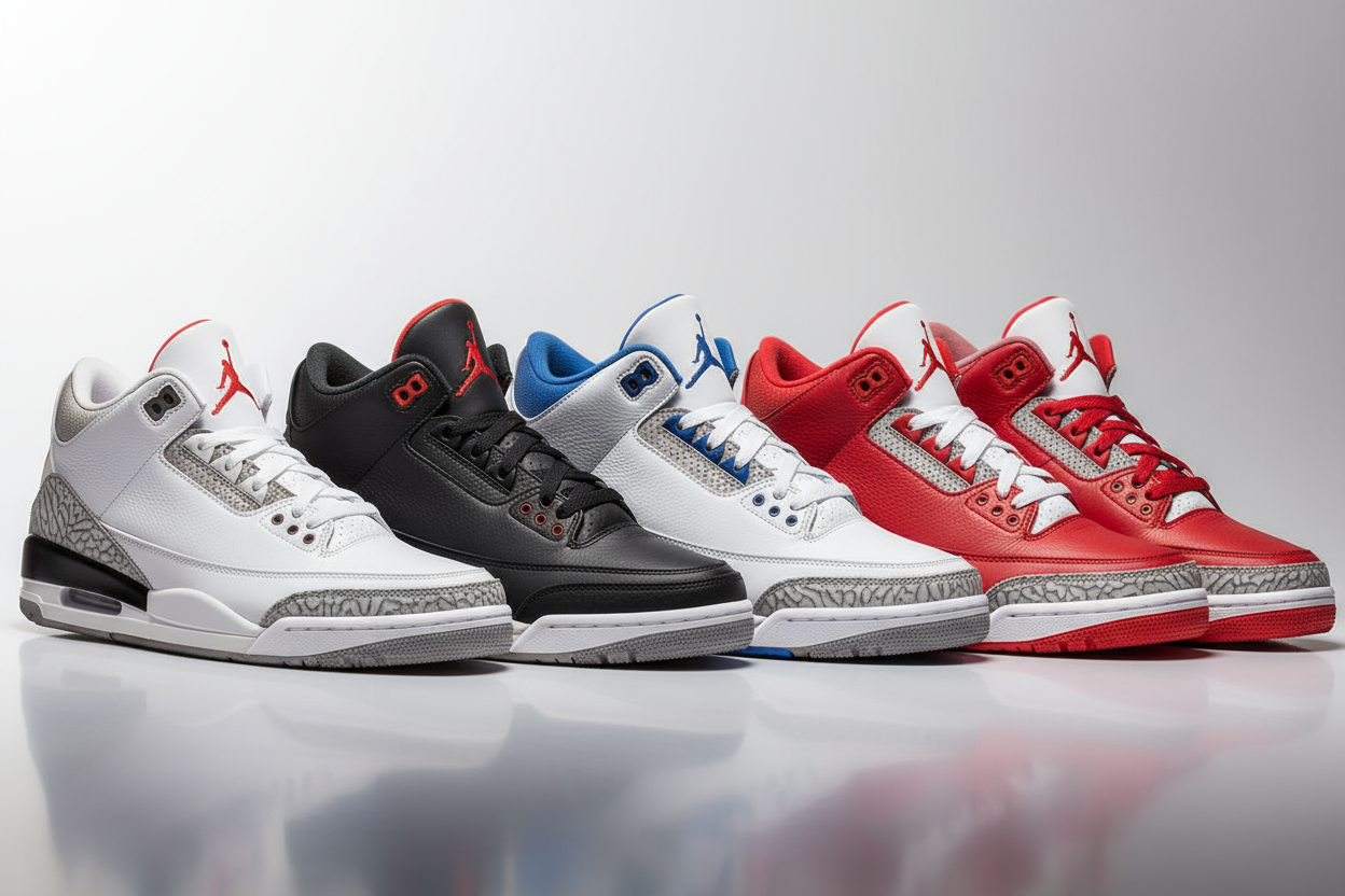 Create an image for shopify website cover of different jordan 3s color ways 