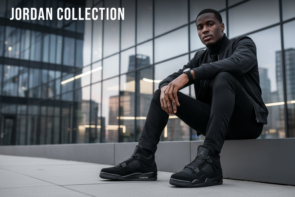 Create an image of a black man styling a JORDAN 4 BLACK CAT to be uploaded on the featured section