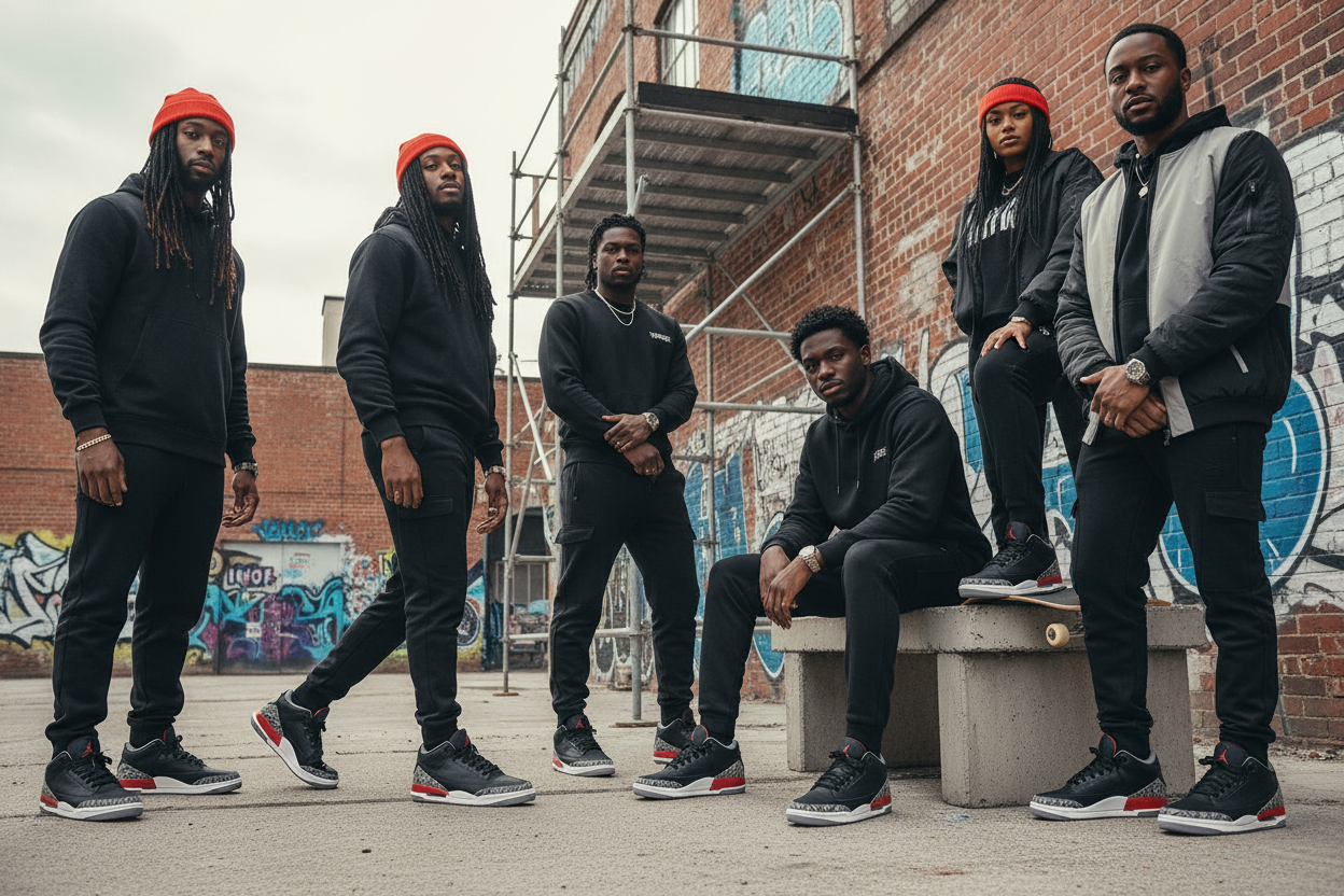 Create an image of black people styling the Jordan 3 black cement for shopify website cover page