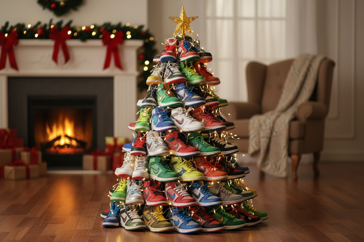 generate a photo with sneakers as the chrismas tree